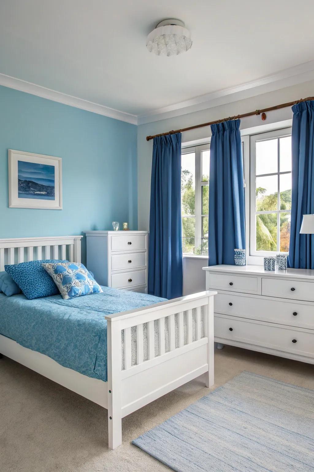 Stylish white furnishings enhance the gentle blue shades in this bedroom.