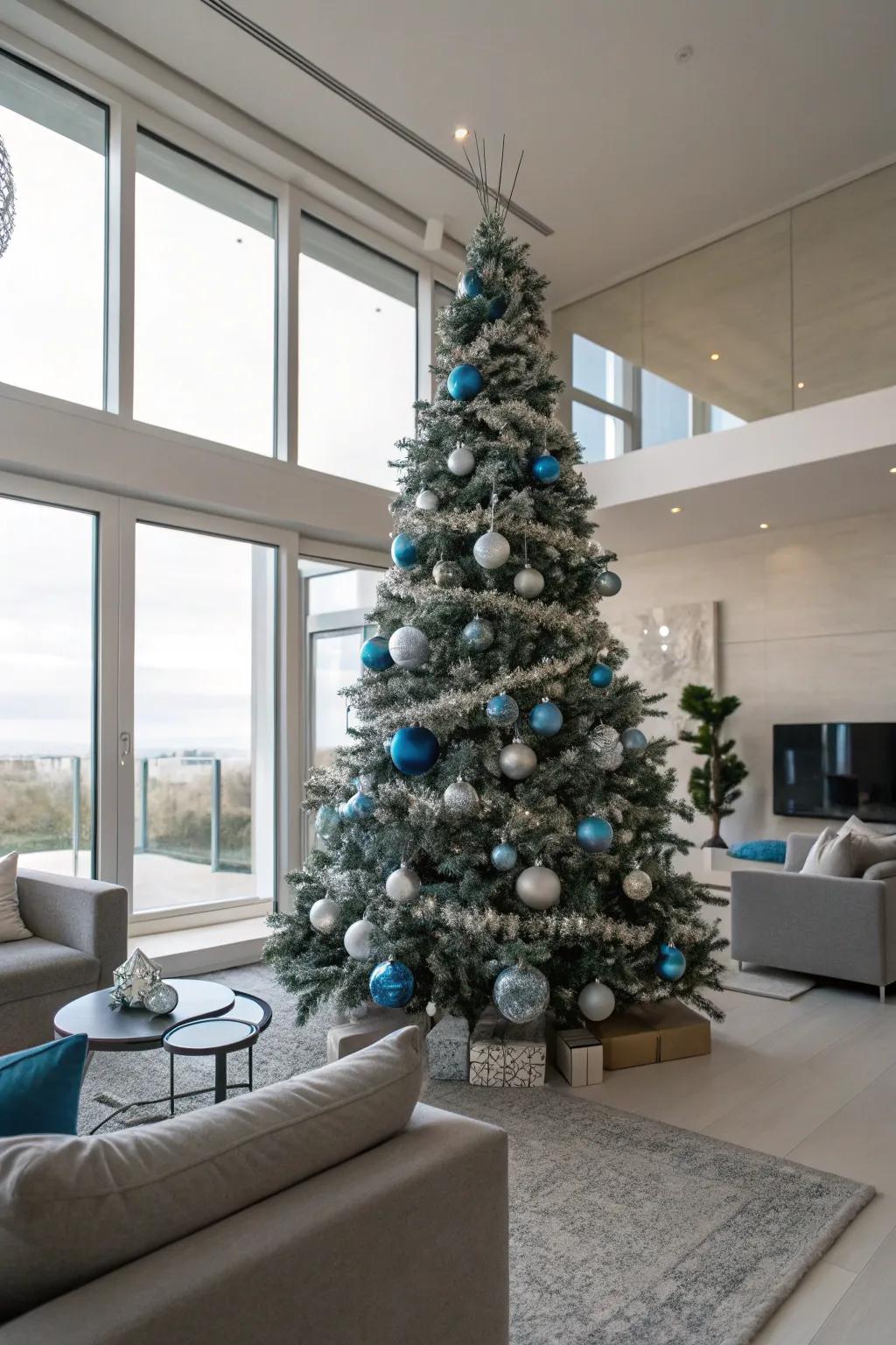 A sophisticated combination of blue and silver creates a glamorous Christmas tree.