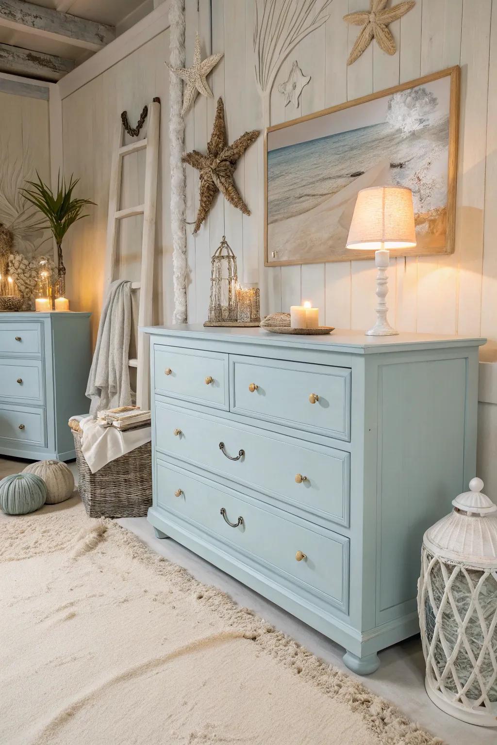 A dresser in coastal blue, infusing a breezy sensation into a beach-themed space.