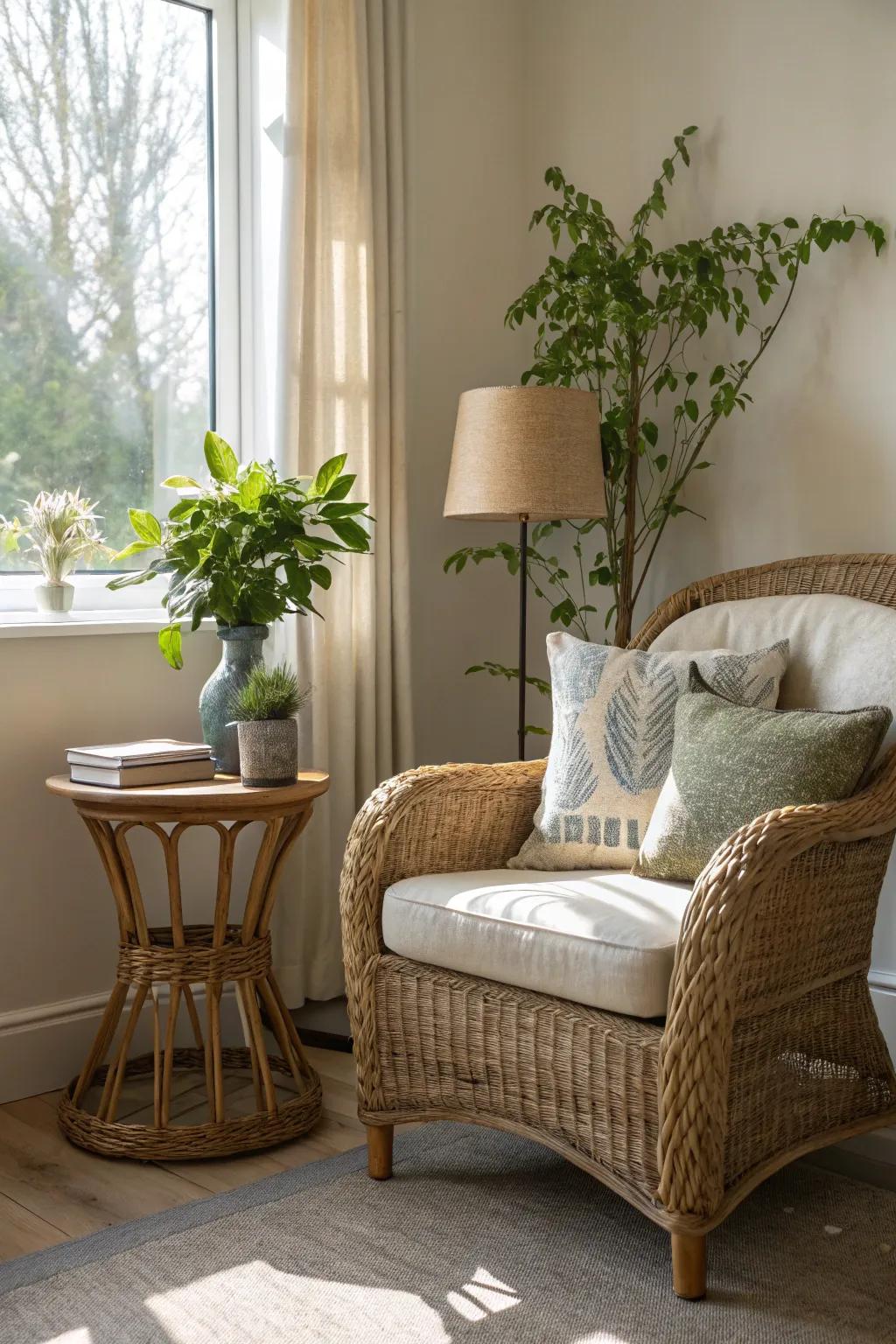 A comfortable area featuring a wicker seat and natural components.