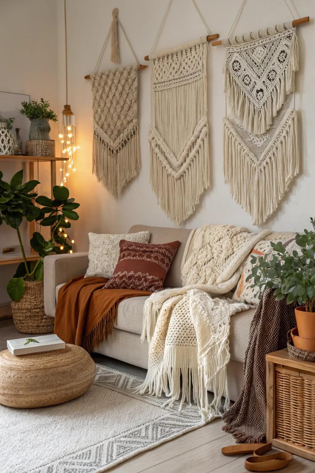 Layered fabrics contribute a tangible opulence to any bohemian room.