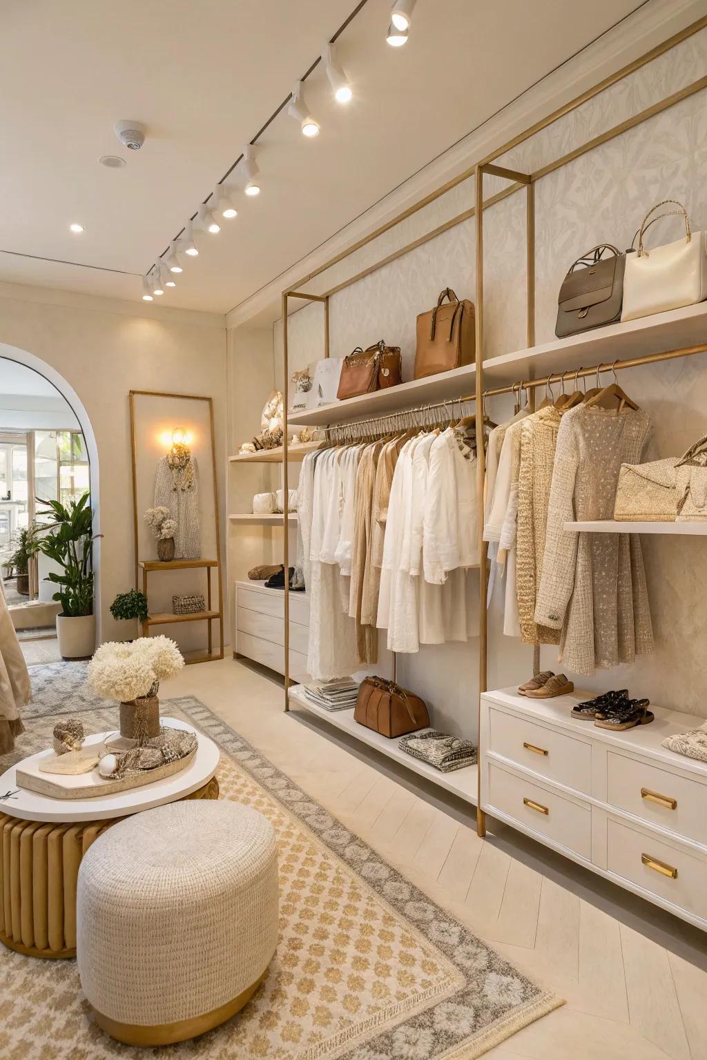 A boutique design featuring a neutral and soft color palette, projecting comfort and elegance.