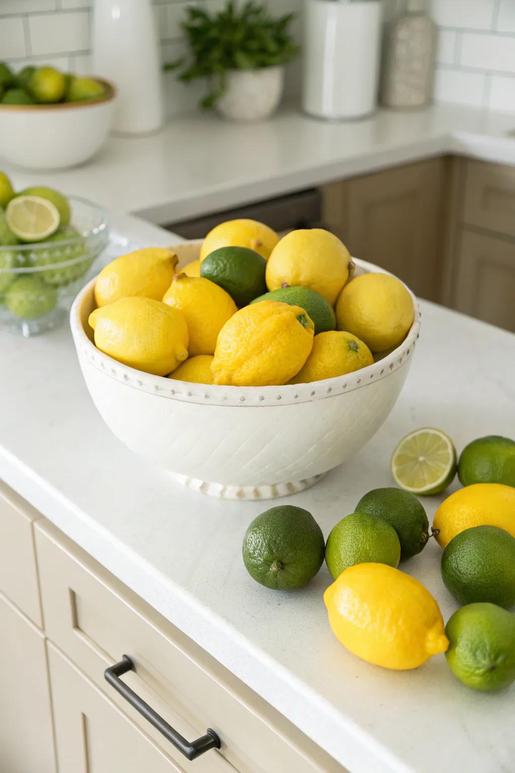 A beautifully crafted ceramic bowl abundantly filled with vibrant lemons and limes