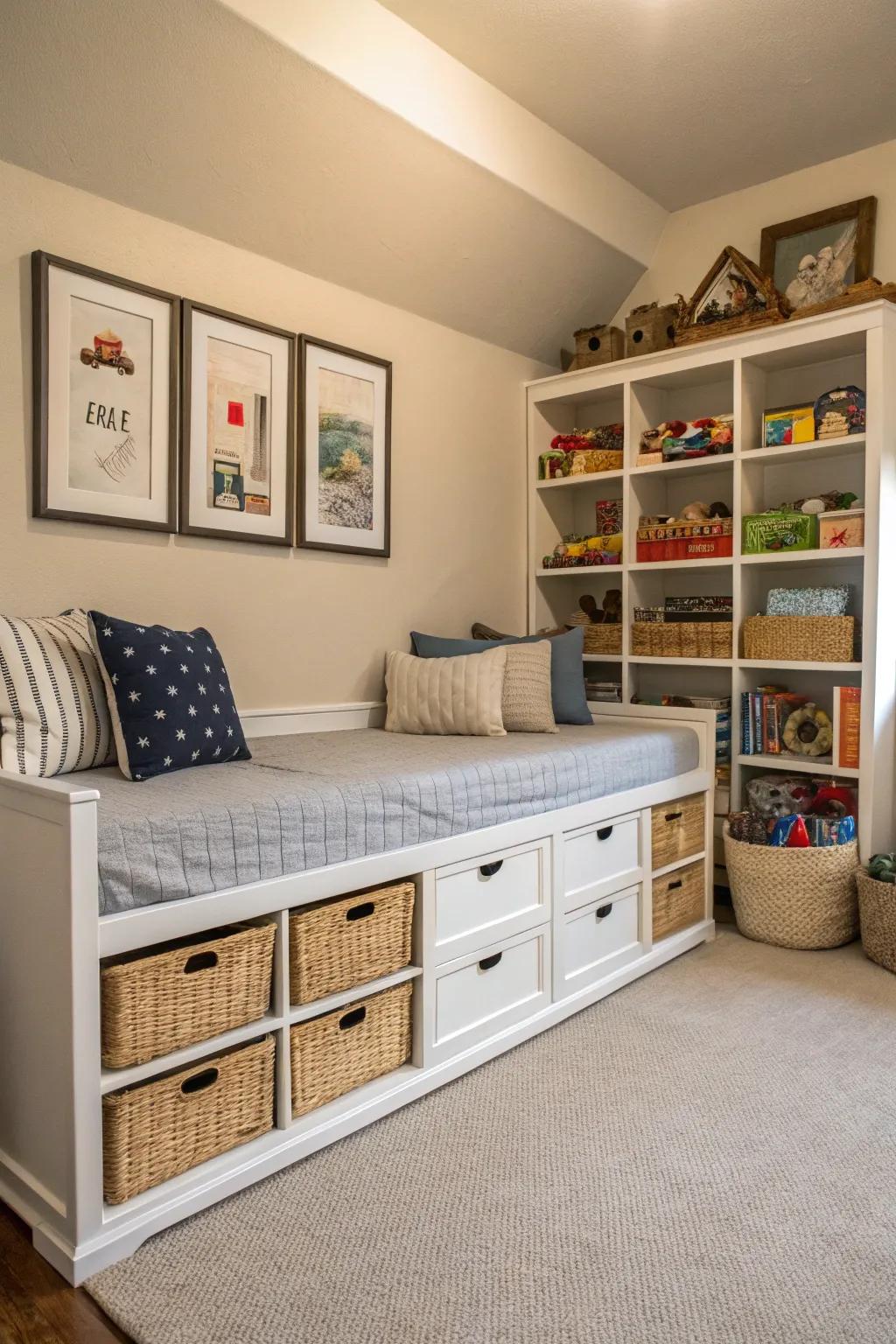 Optimize spatial utilization with a daybed that features helpful storage components.