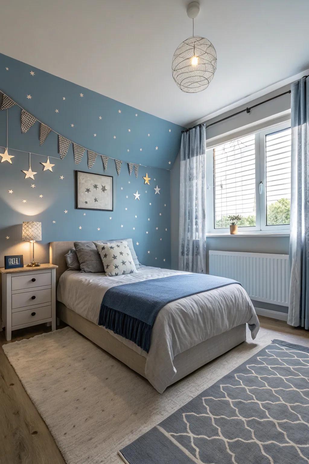 A peaceful palette establishes the atmosphere for a tranquil boy's bedroom.