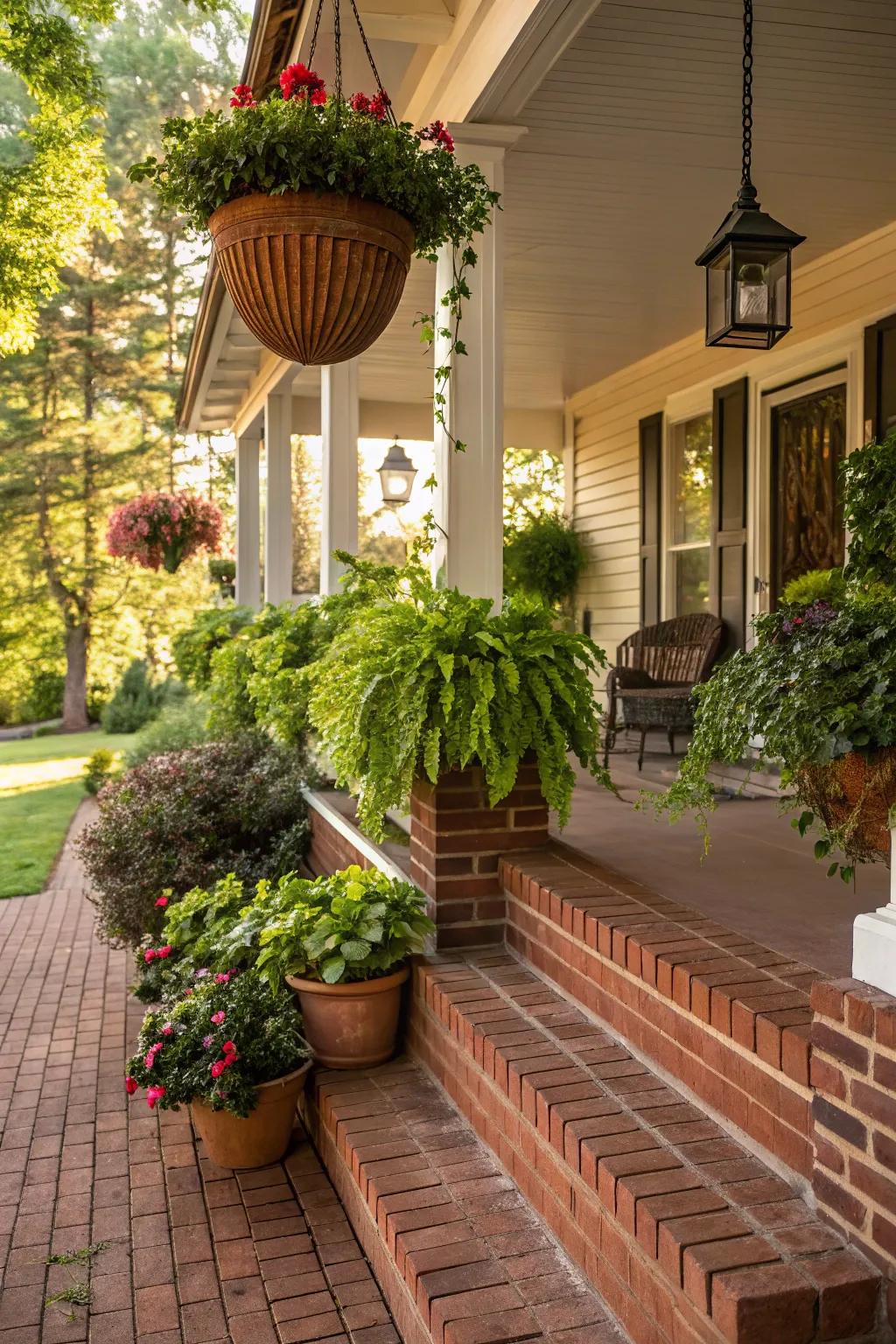 A verdant sanctuary with plants highlighting the natural charm of the brick porch.