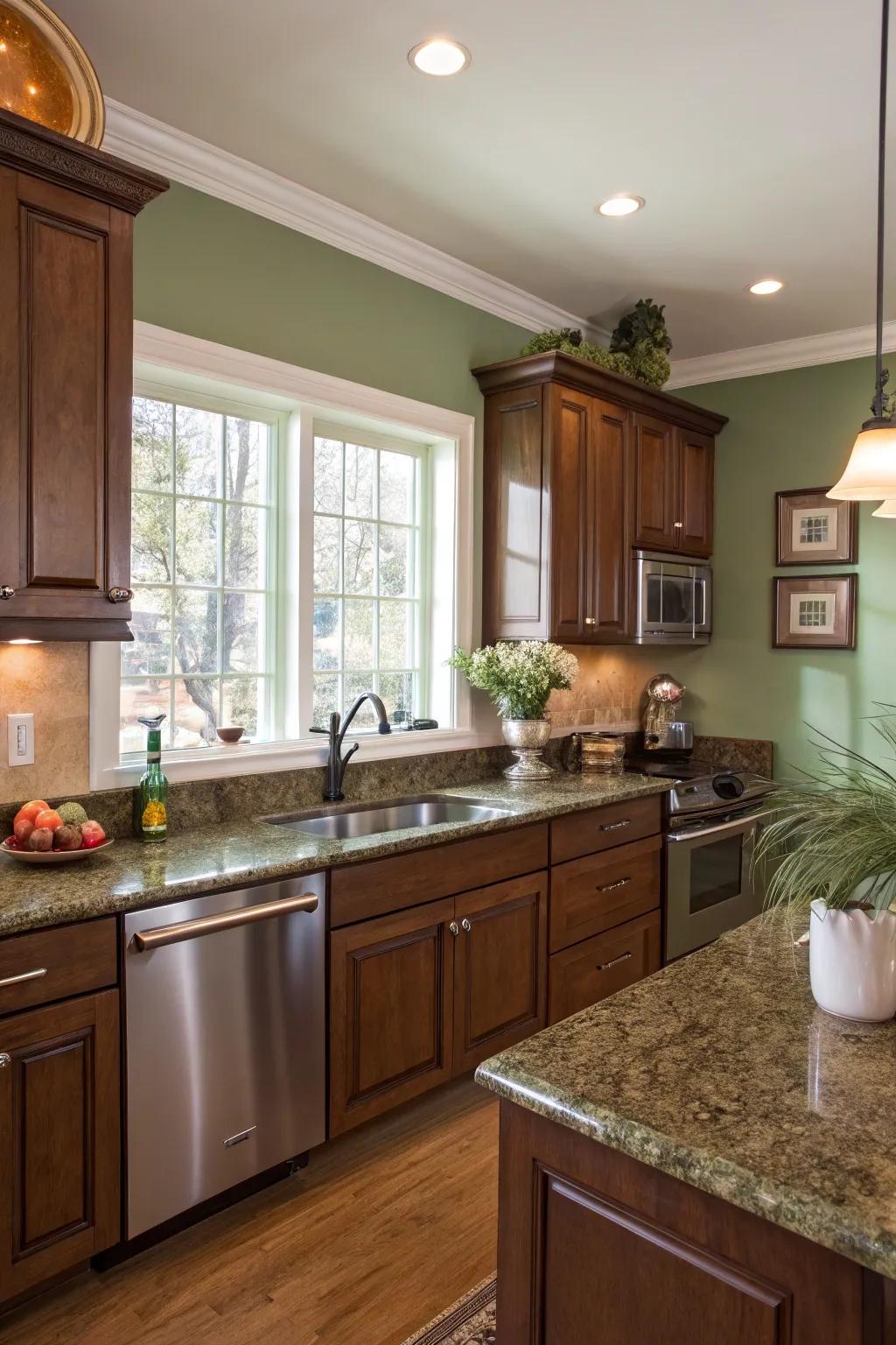 Calming green walls emphasize the inherent charm of brown granite.