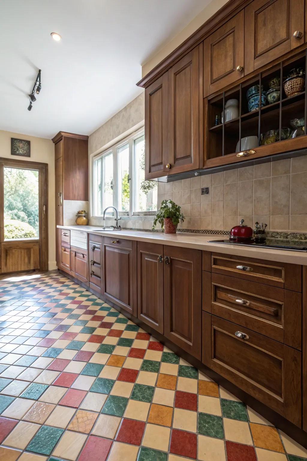 Striking floor tiles introduce a lively element to brown cabinetry.