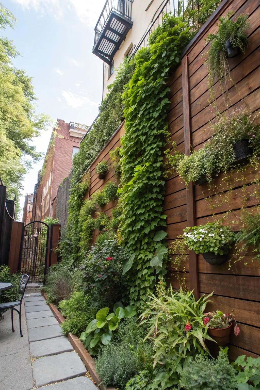 Vertical gardens bring vibrant greenery to brownstone backyard walls.