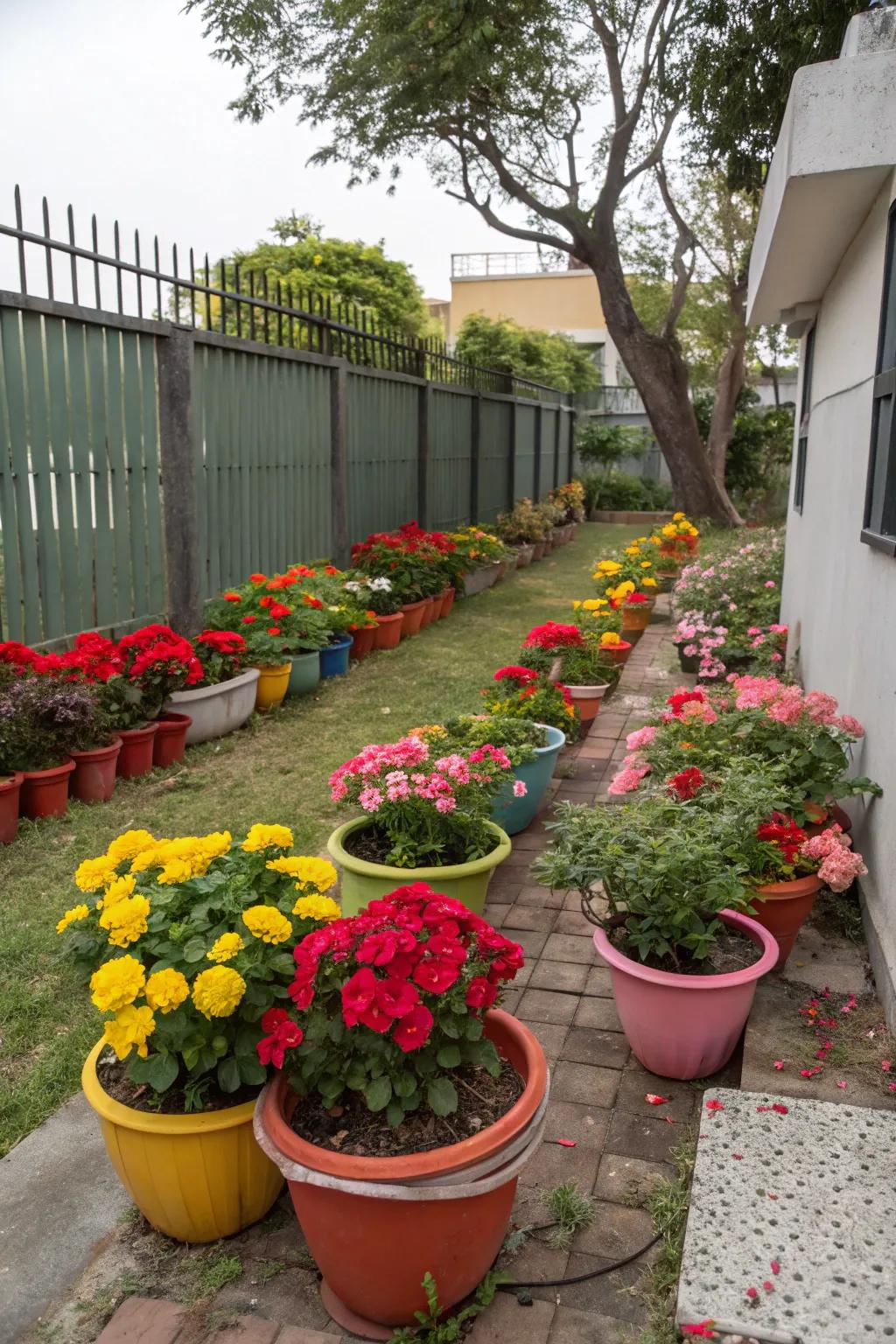 Vivid growing vessels contribute animation and vitality to a small garden space.