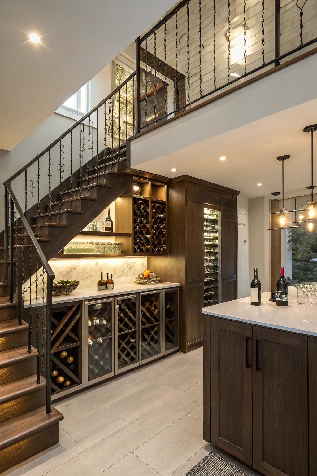 An elegant under-the-stairs wine bar skillfully optimizing space.
