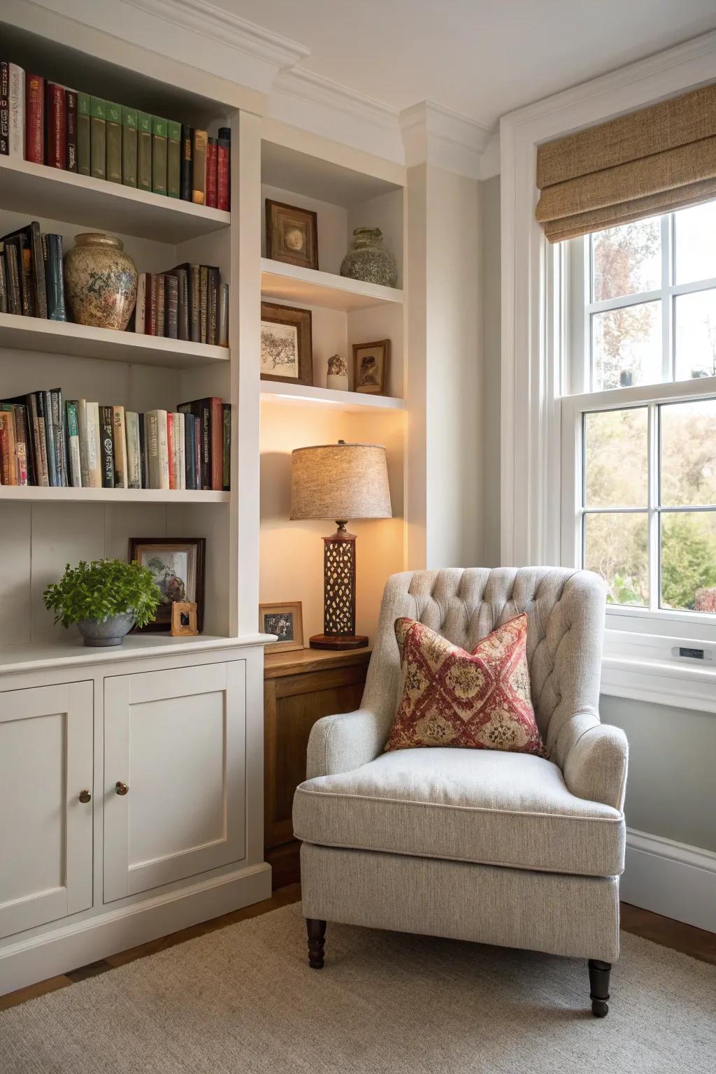 A corner bookshelf transforms an underutilized space into a comforting reading retreat.