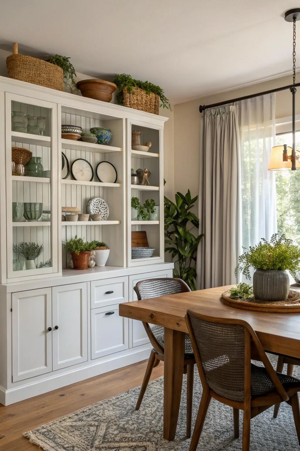 Open shelving alongside closed cabinets for a fashionable and practical dining room.