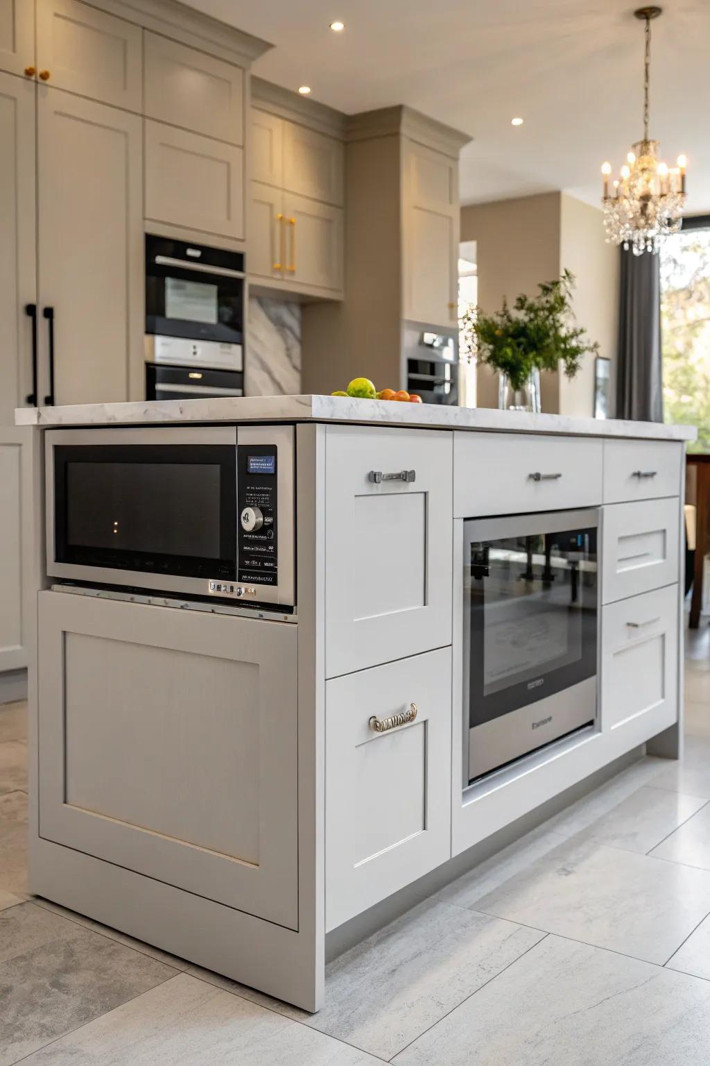 A sleek microwave drawer built into a kitchen island.