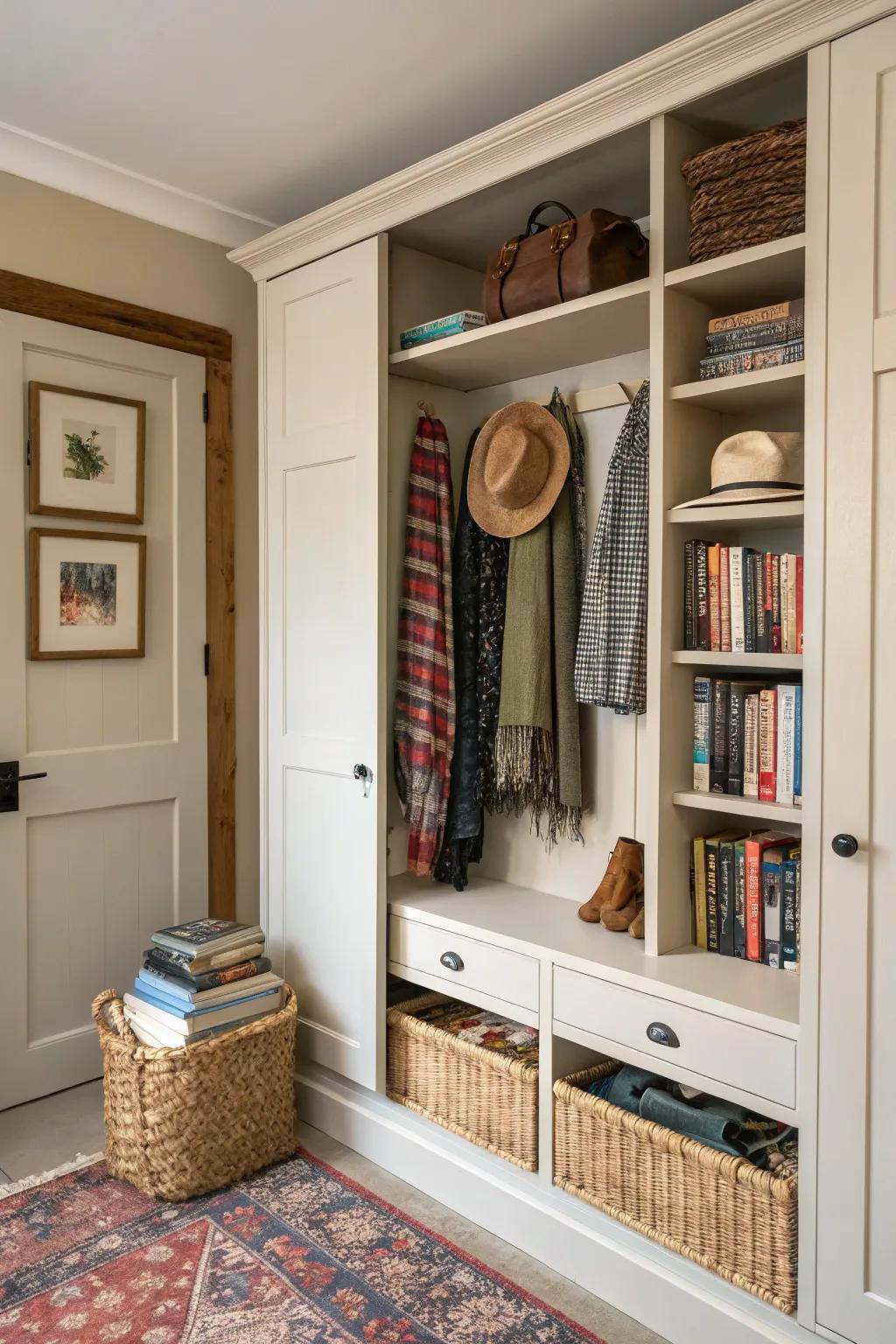 Exposed shelving in a wardrobe introduces a customized element.