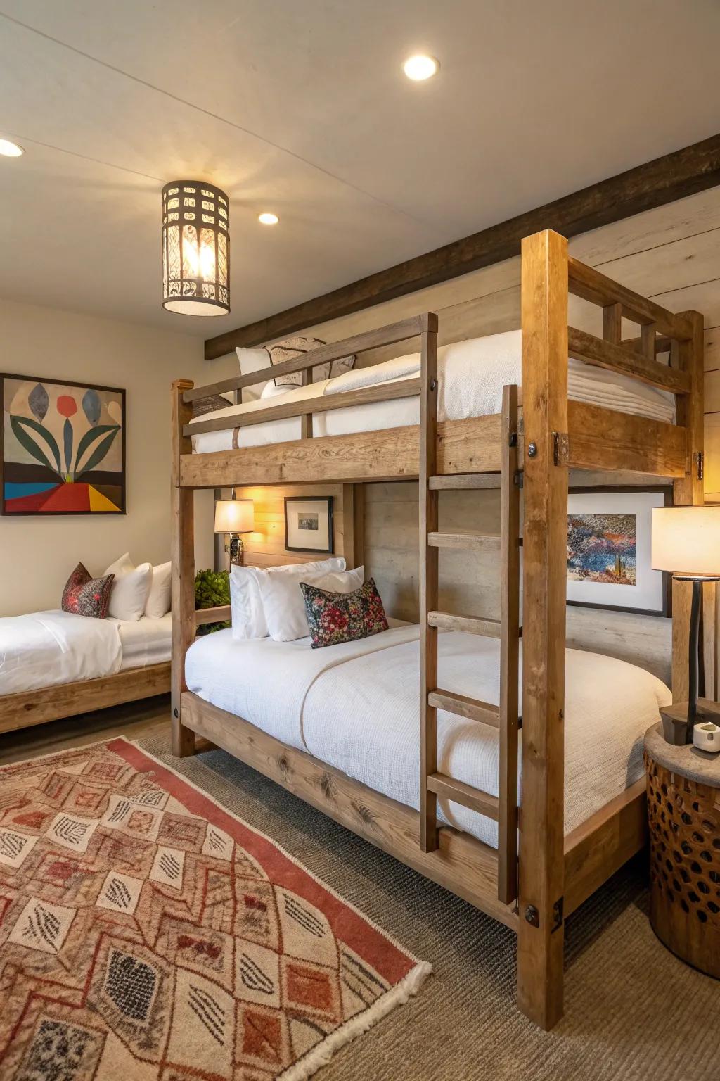 A harmonious combination of rustic beauty and modern elegance in a bunk room.