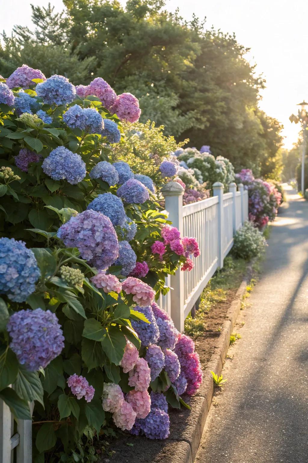Flowering shrubs create a vibrant, fragrant boundary.