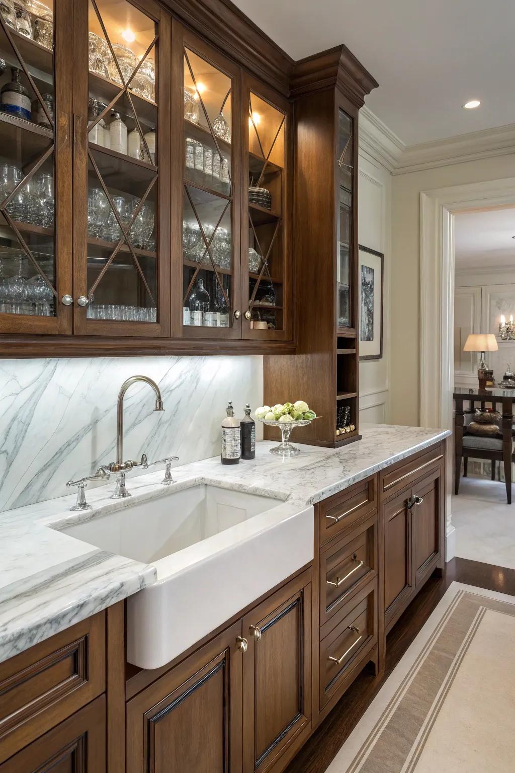 A handy food preparation sink elegantly positioned atop a marble surface.