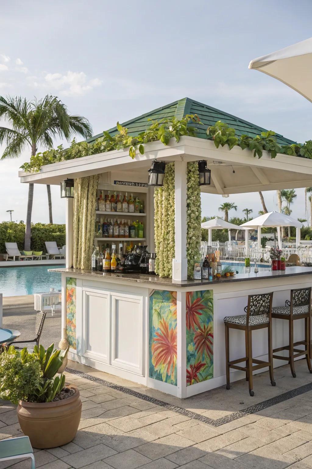 A cabana by the pool featuring a fashionable outdoor bar for entertainment.