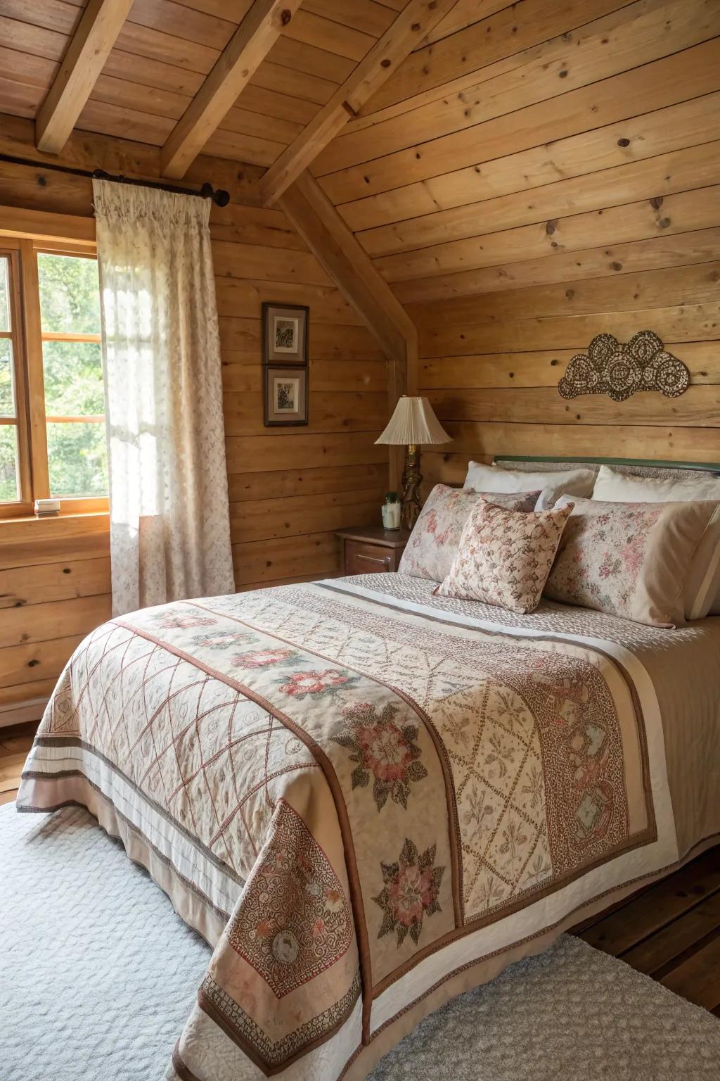 A bed with layered quilts and plush pillows in a cabin setting.