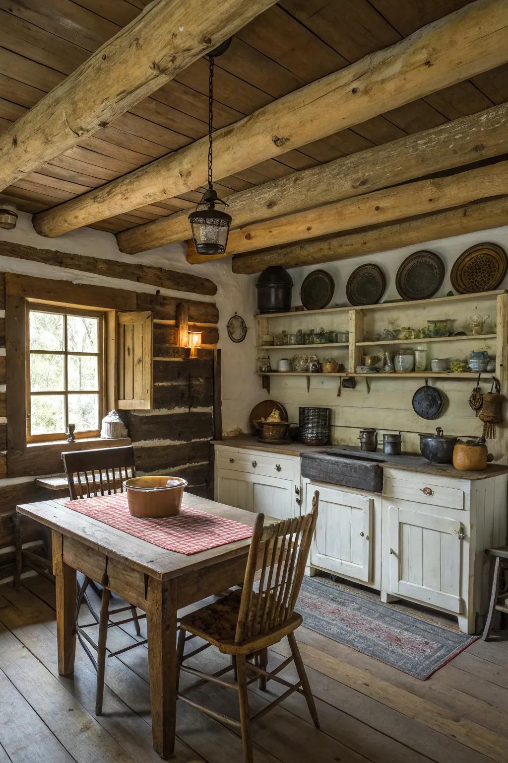 Overhead supports impart a sense of genuineness to your log cabin kitchen.
