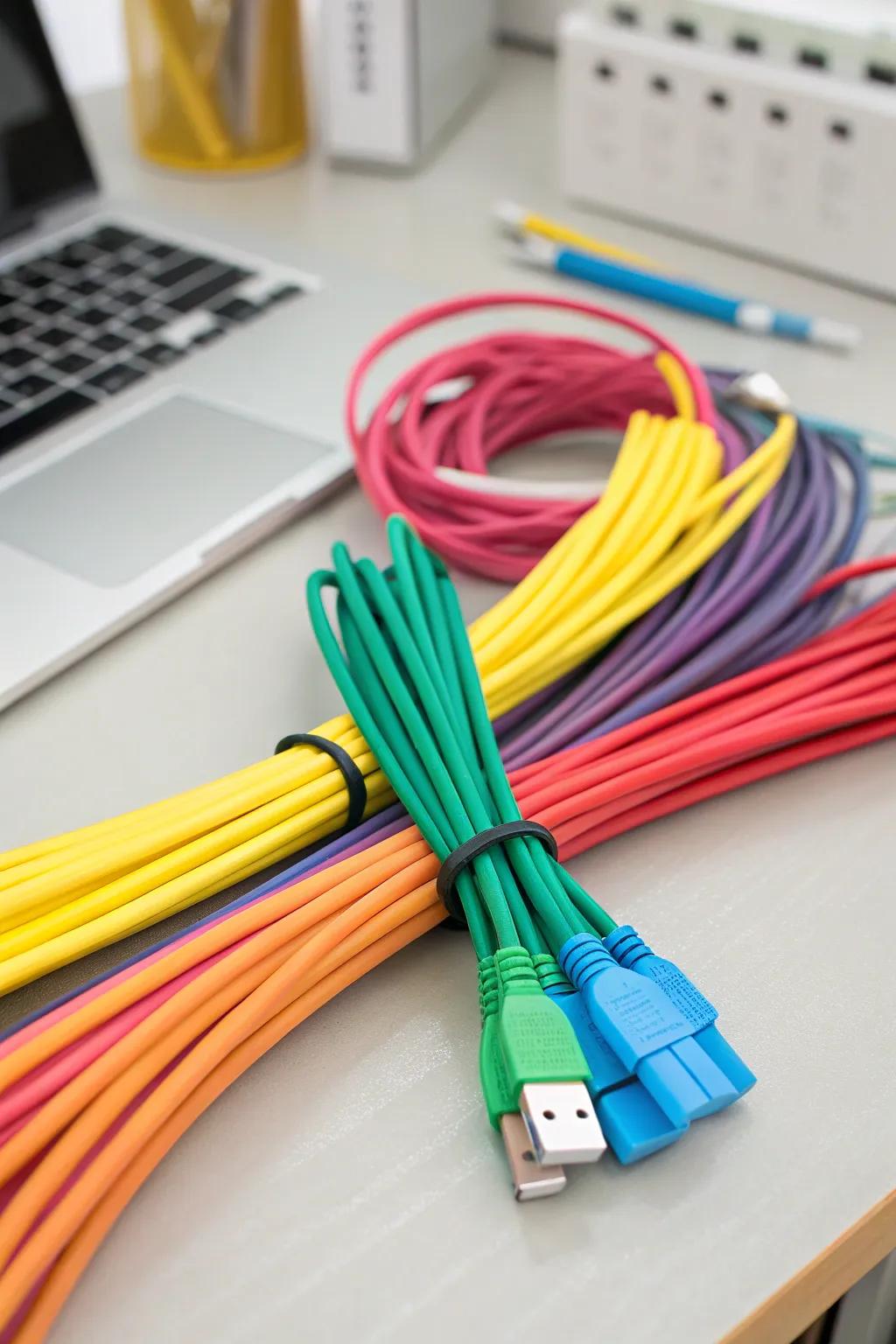 Vibrant cable straps neatly bundling cables.