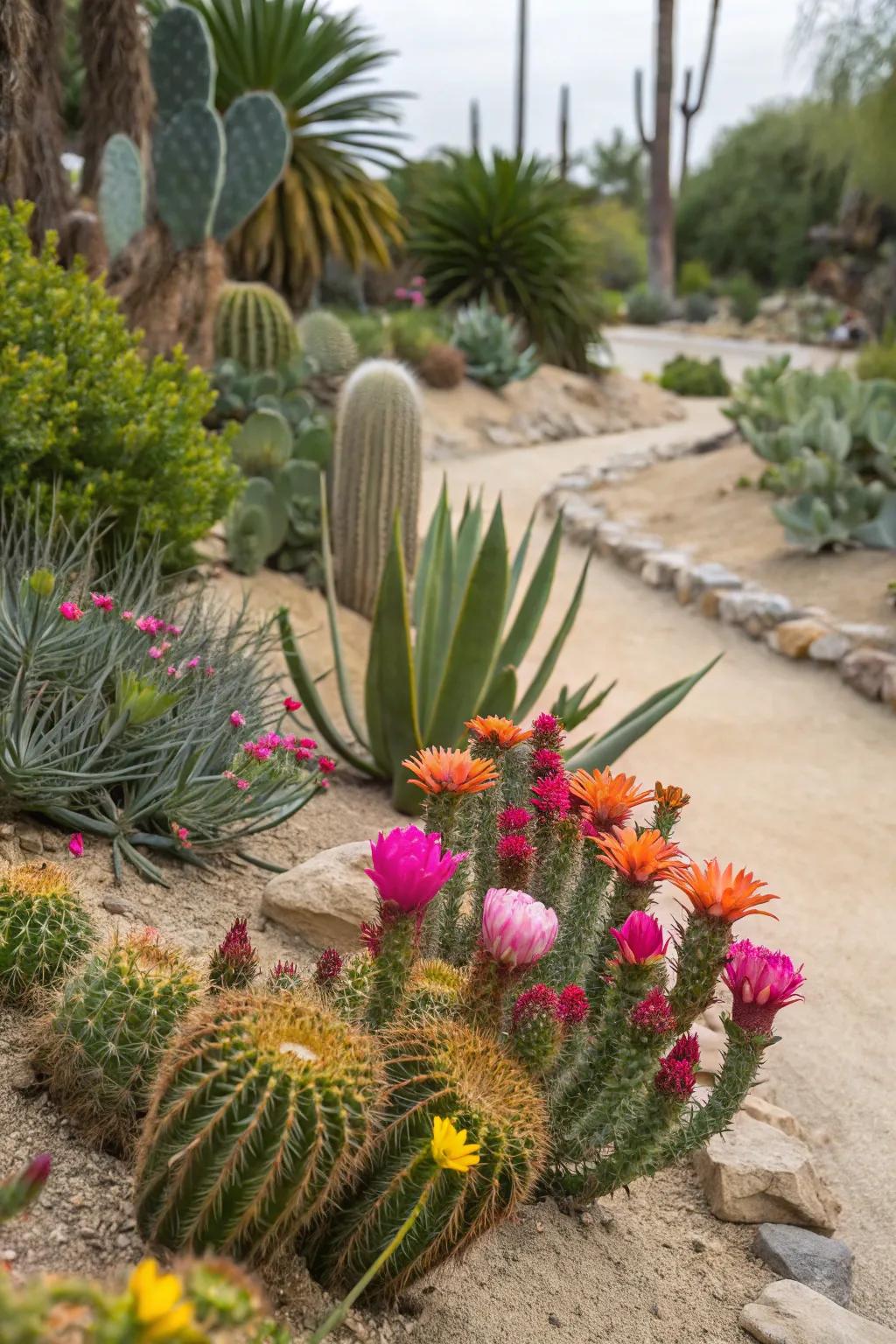 A lively cactus garden showcasing colorful blooms and succulents.