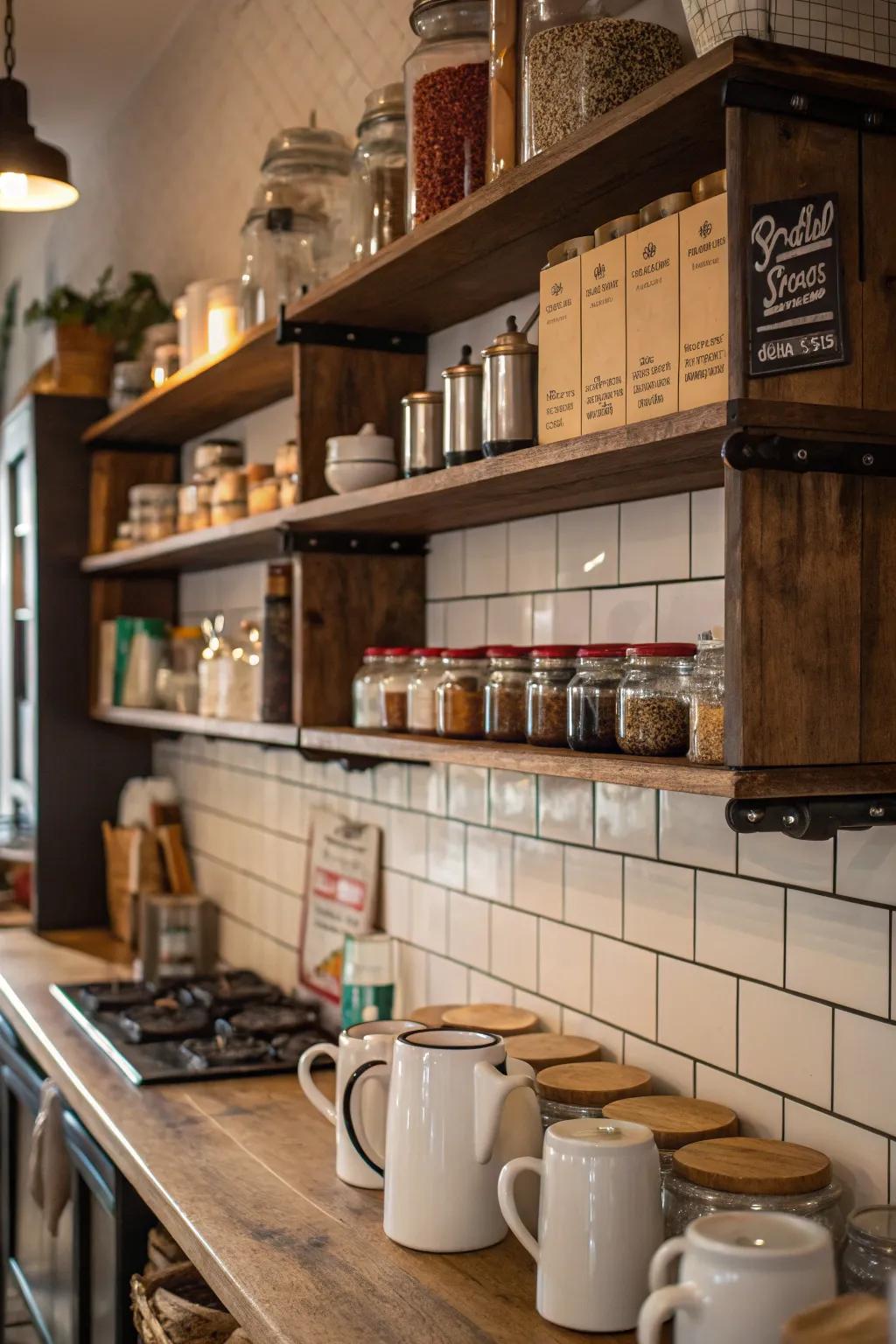 Open shelving in a cafe kitchen highlights fashionable storage aesthetics.