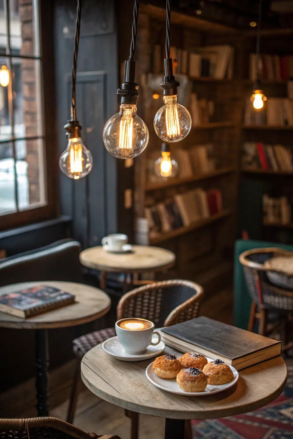 A snug café area illuminated by the inviting brilliance of uncovered light emitting diodes.