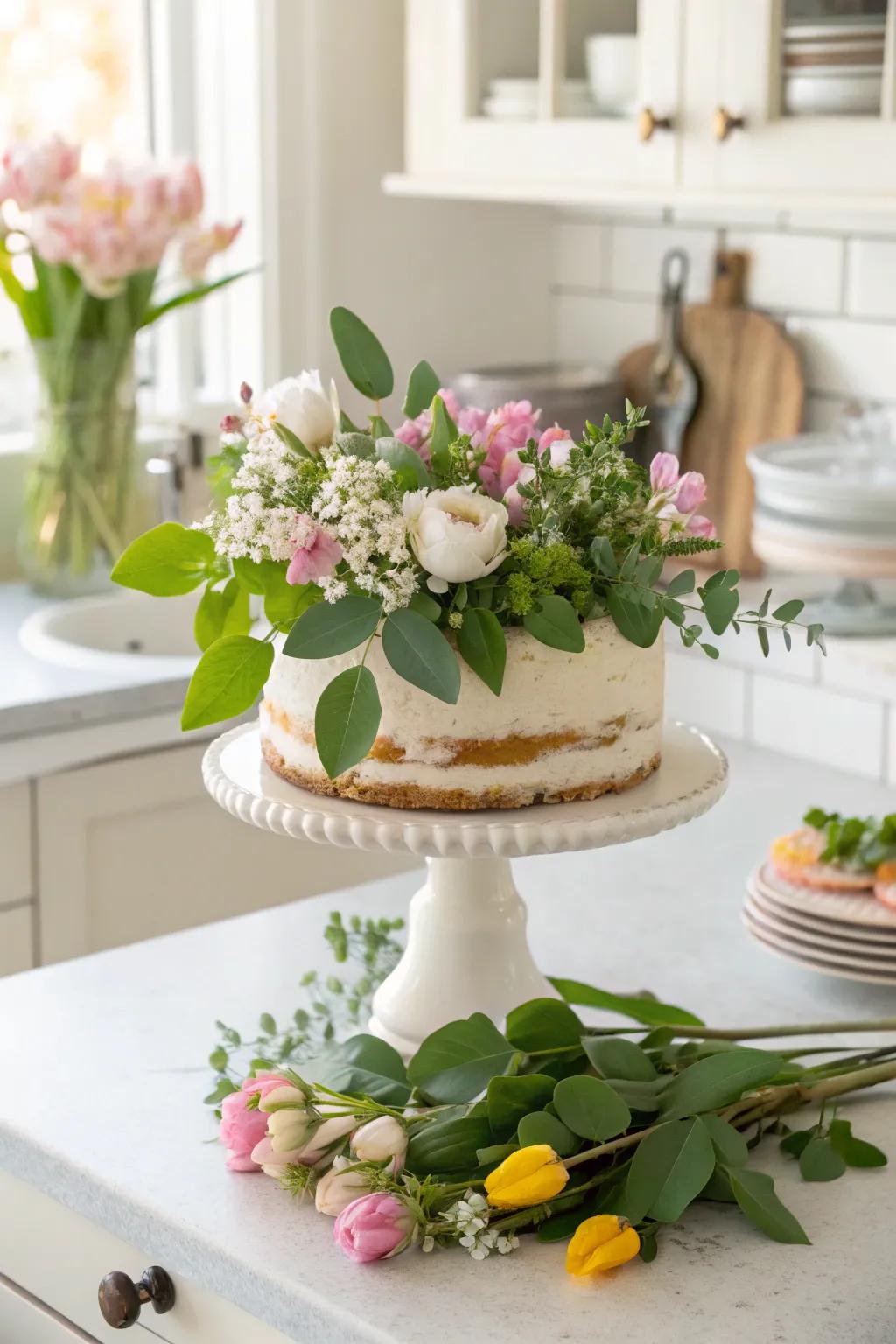 The inclusion of flowers on a cake stand imparts a rejuvenating and earthy essence to your dwelling.