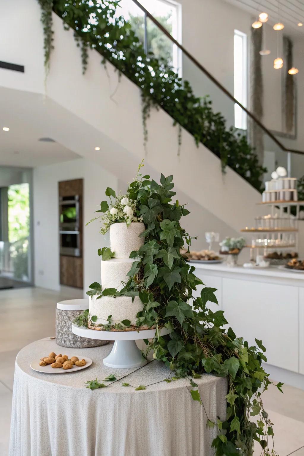 A cake table featuring cascading ivy and verdant foliage, establishing a refreshing and organic atmosphere.