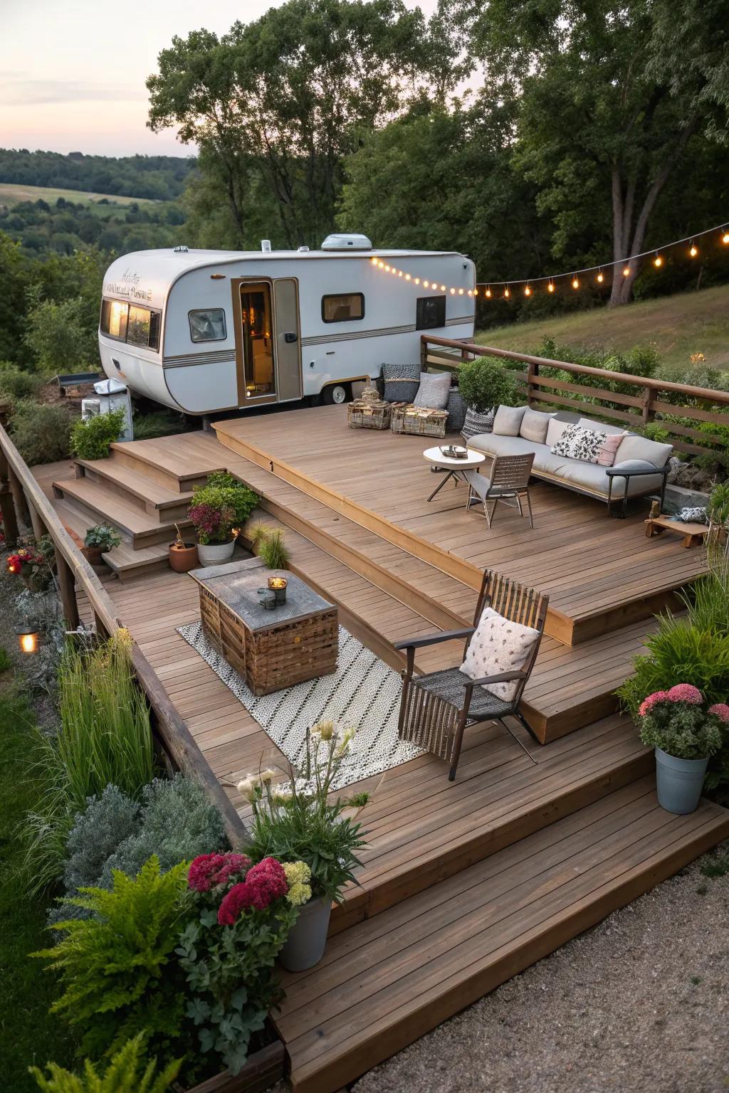 An elevated landscape design enhances the sense of space in your camper area.