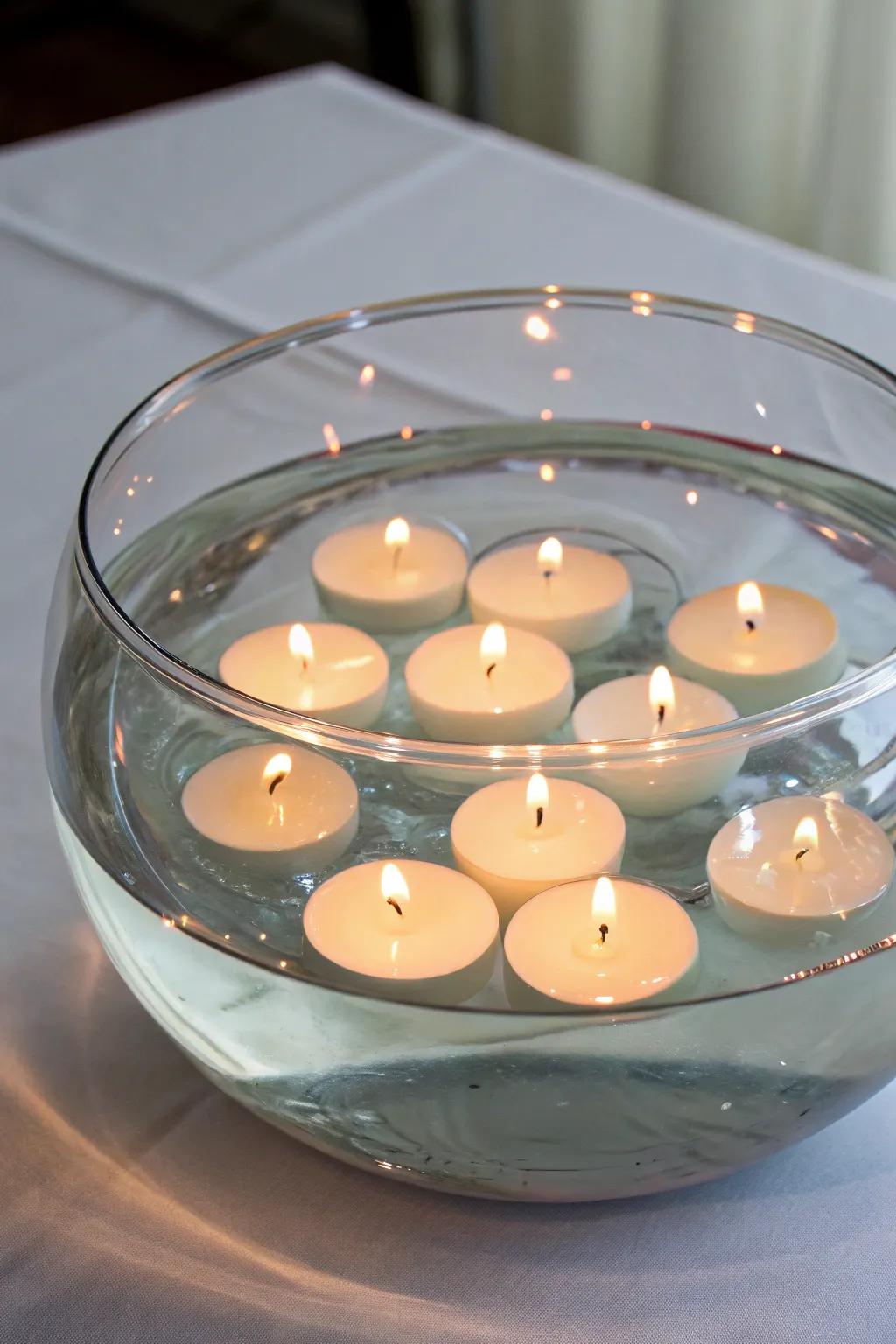 Minute immersion candles serenely afloat within a tinted, water-laden crystalline vessel.