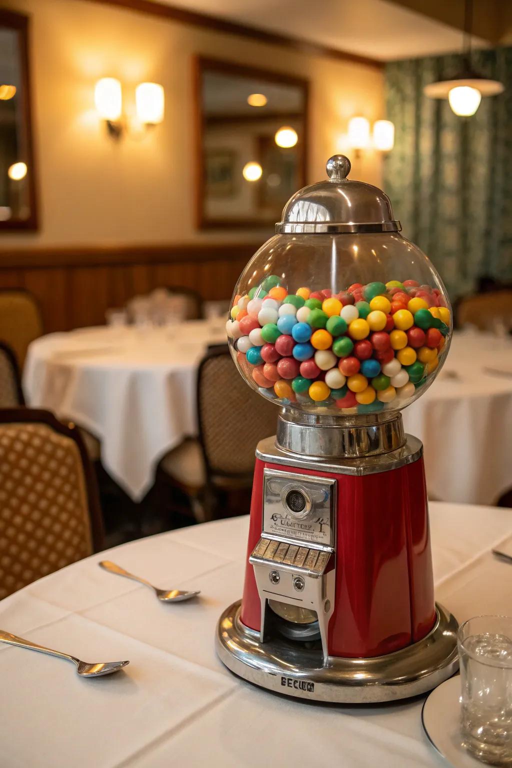 A gumball machine filled with colorful gumballs imparts nostalgic charm.