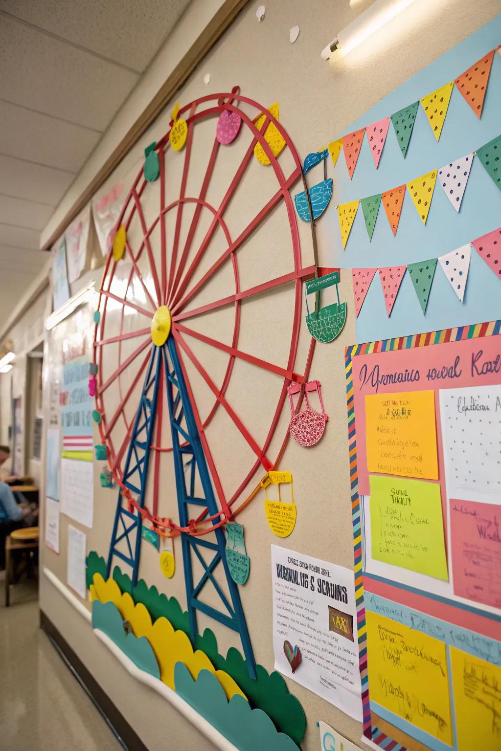 A whimsical Ferris wheel infuses a playful sensibility into this carnival-themed presentation.