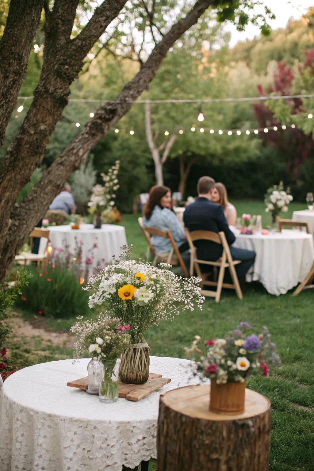 Charming wildflower displays infuse a personal essence into wedding tables.