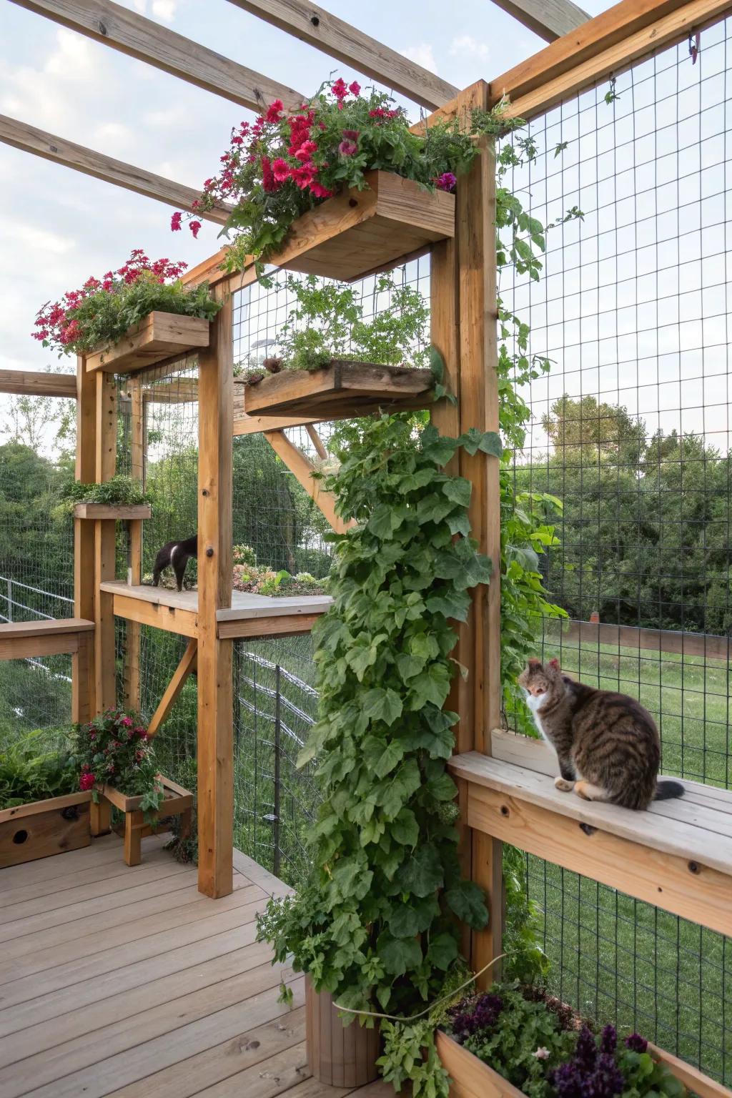 Native climbing elements incorporated within a catio, creating a vibrant and visually attractive setting.