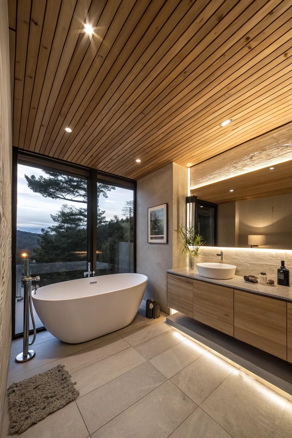 A contemporary bathroom showcases a cedar ceiling, curating a spa-like ambiance.