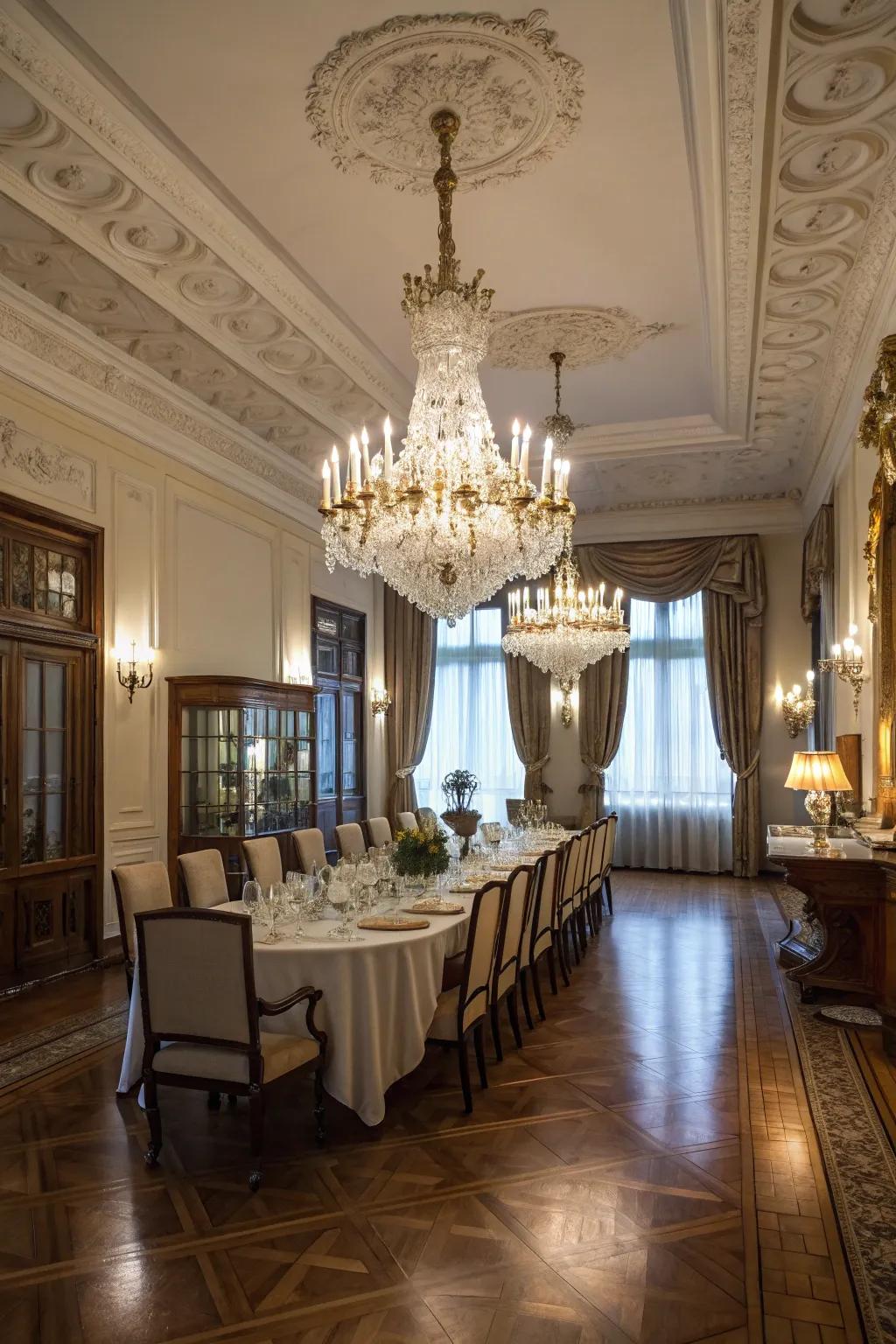 Dining space exhibiting a spectacular luminaire enhancing the atmosphere.