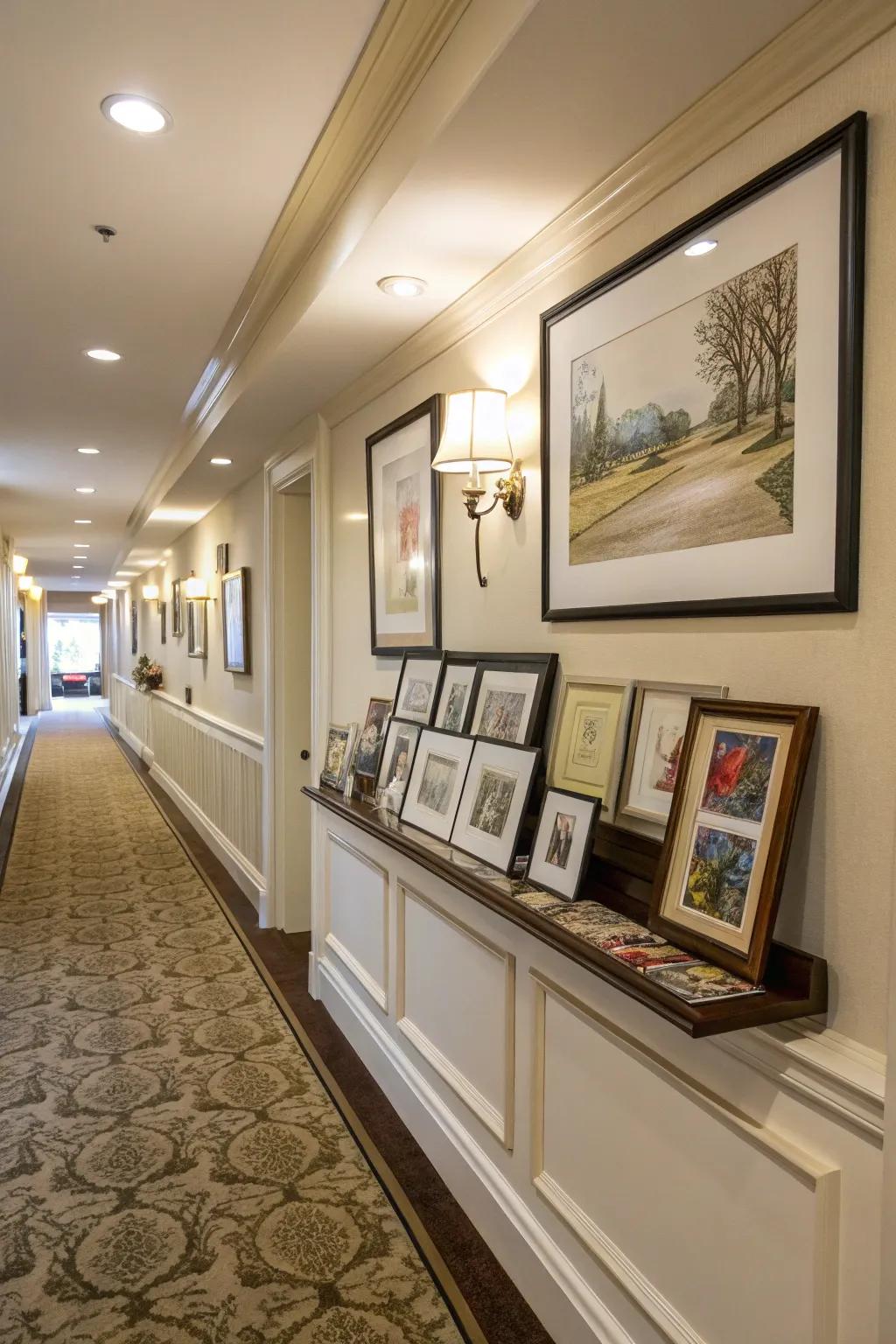 Construct a customized art gallery using a chair rail shelf.