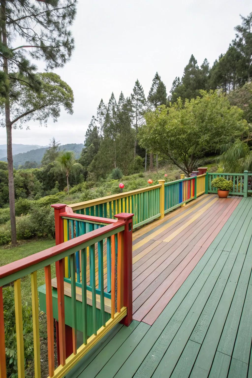 Timber railings adorned with striking hues infuse charm into your deck.