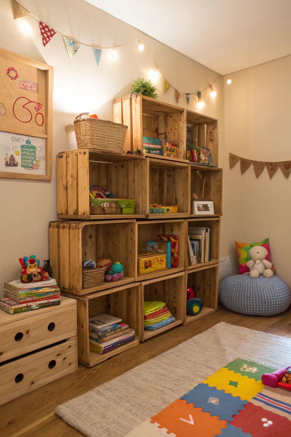 Handcrafted shelves assembled from crates contribute charm and storage capacity.
