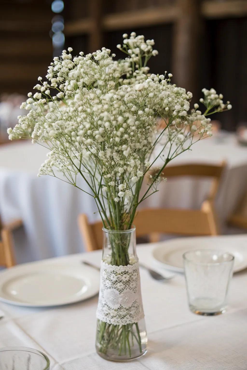 An ethereal Gypsophila centerpiece for an economically sensible wedding.