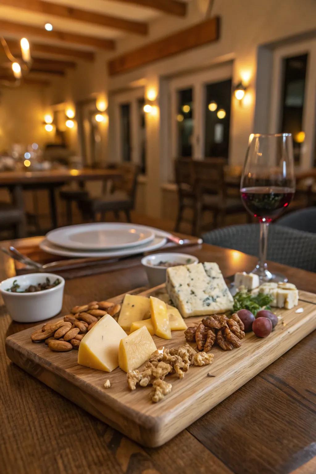 A country-style cheese board featuring natural accents.