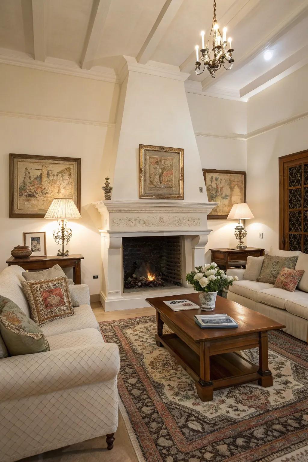 A quintessential alabaster chimney presents an ageless and adaptable foundation.