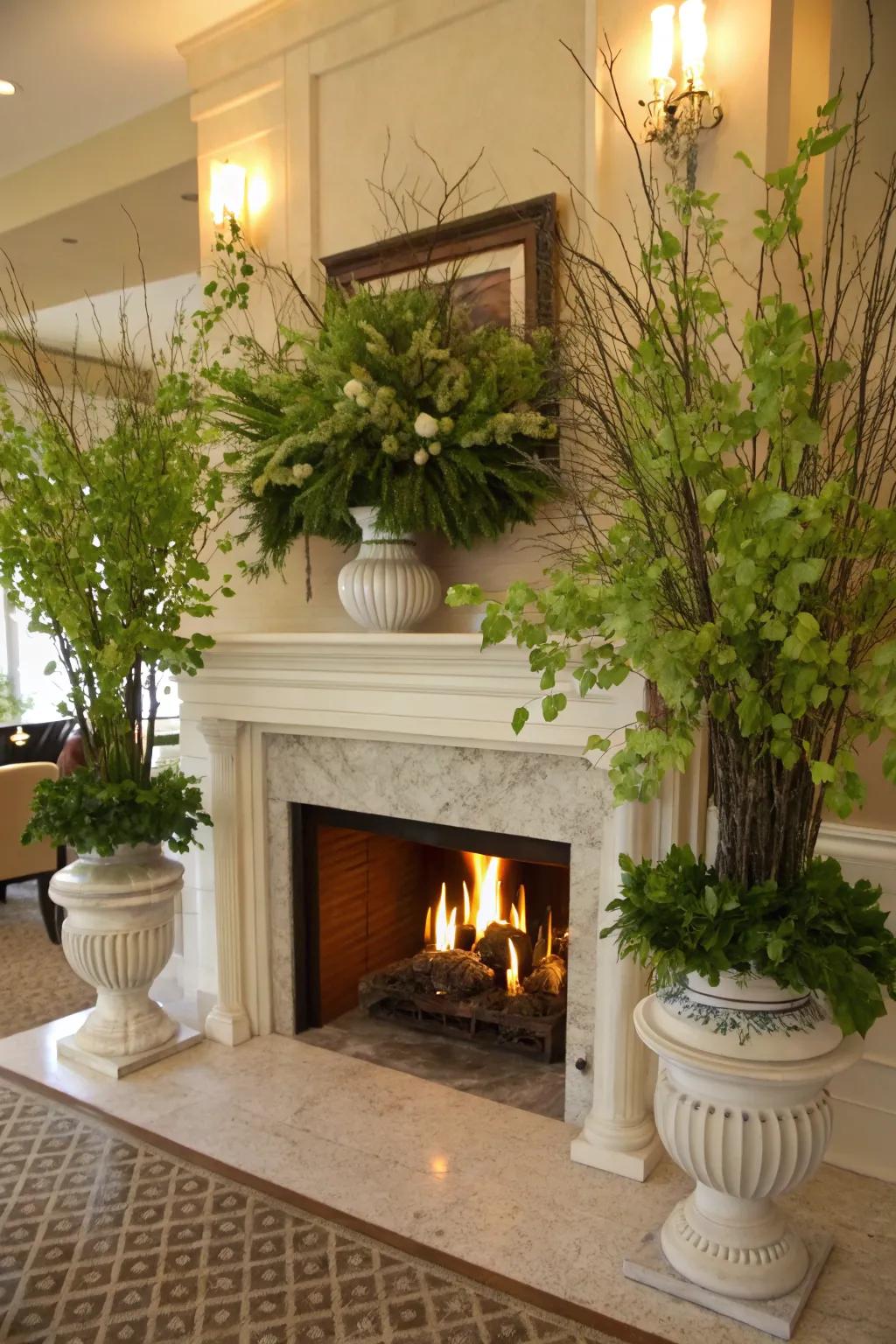 Verdure strategically positioned proximate to the fireplace instills vitality into the ambient environment, thereby underscoring its inherent splendor.
