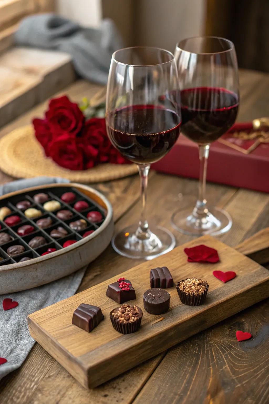 A warm, inviting arrangement for a chocolate and wine harmony event.