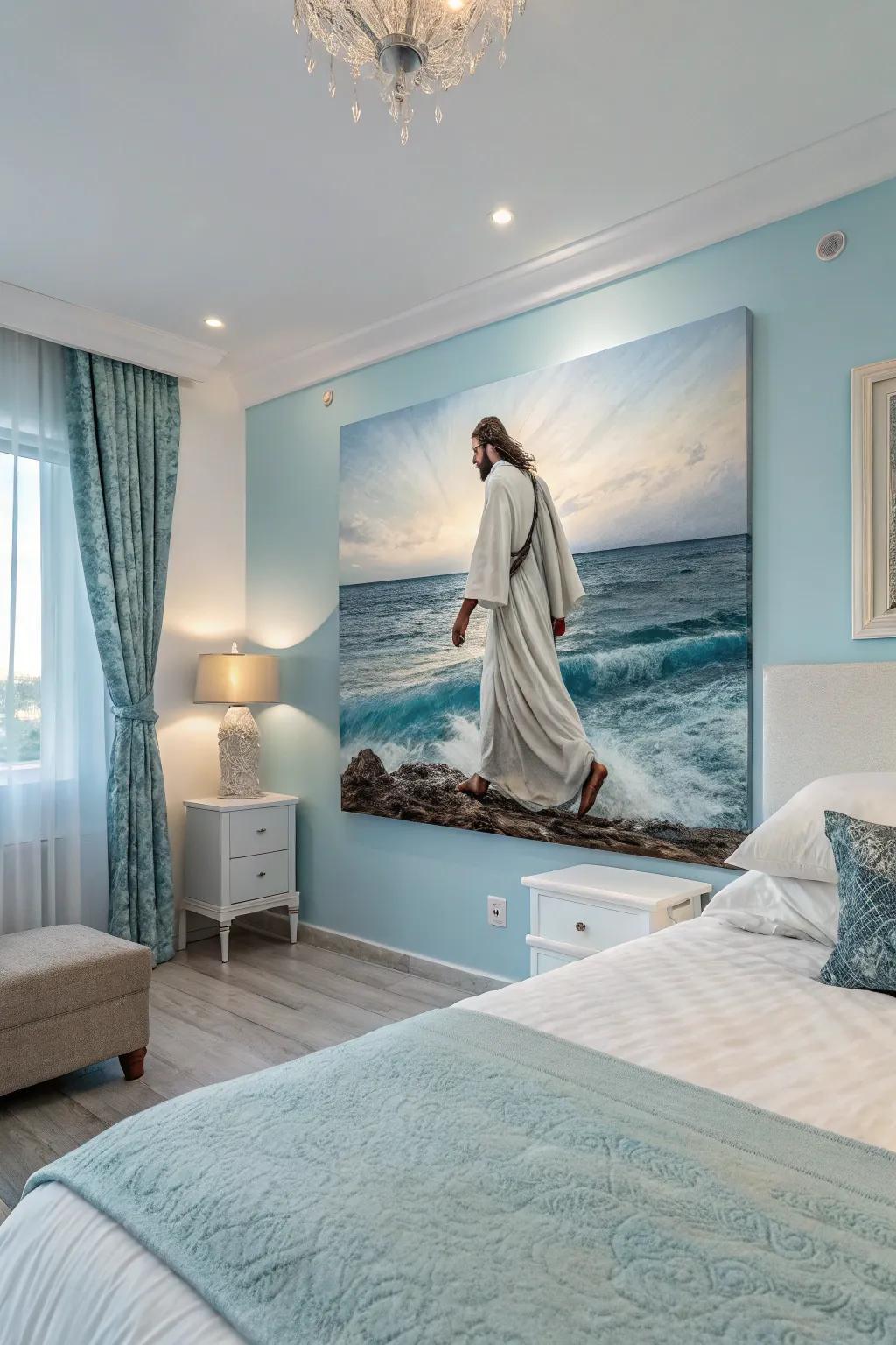 A soothing art piece illustrating Christ’s aquatic miracle for a tranquil bedroom.