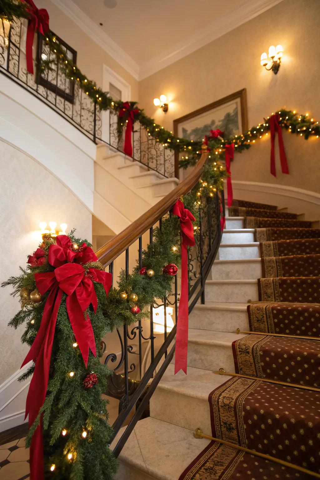 A staircase elegantly adorned with garlands and ribbons.