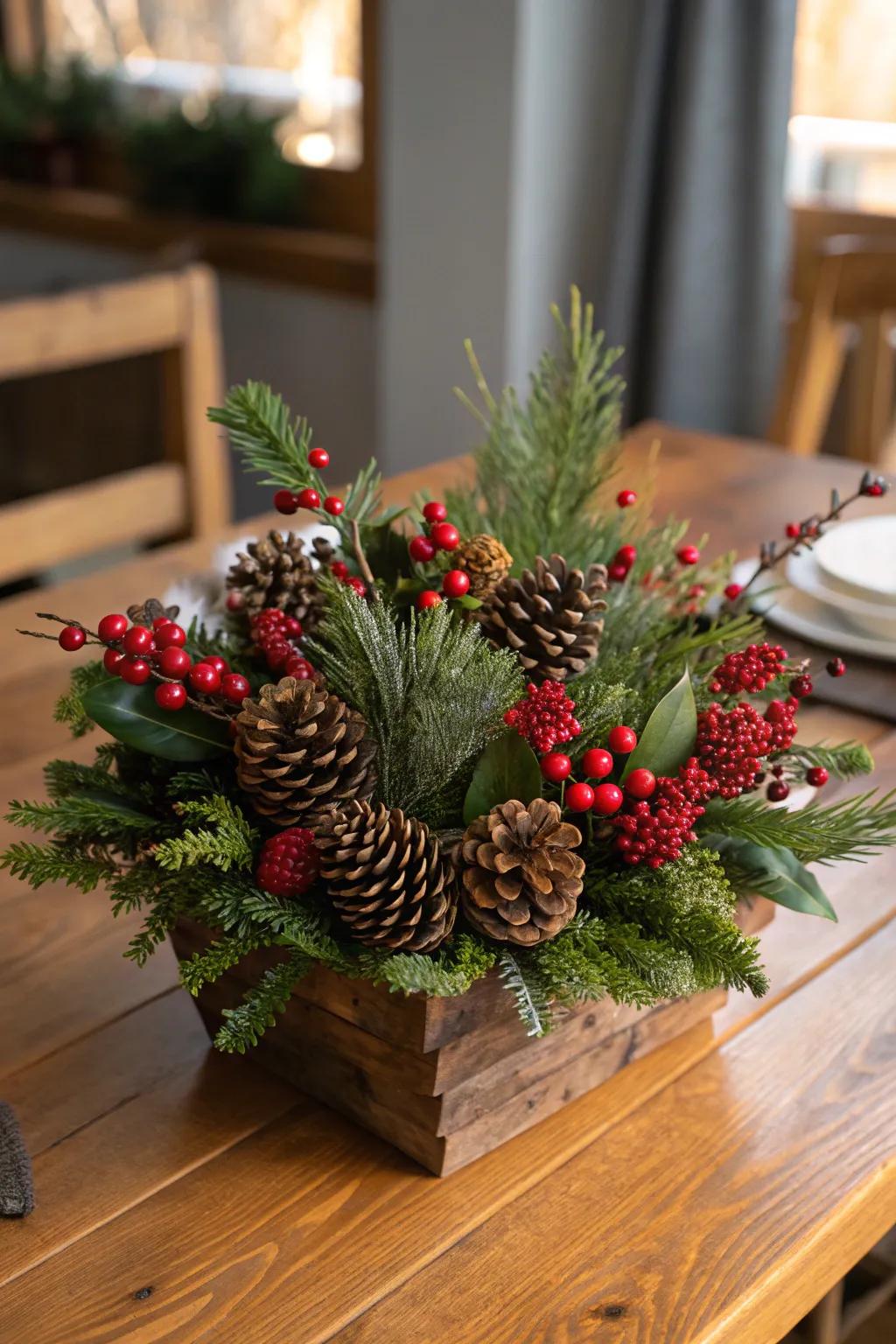 Rustic charm with pine cones and berries.